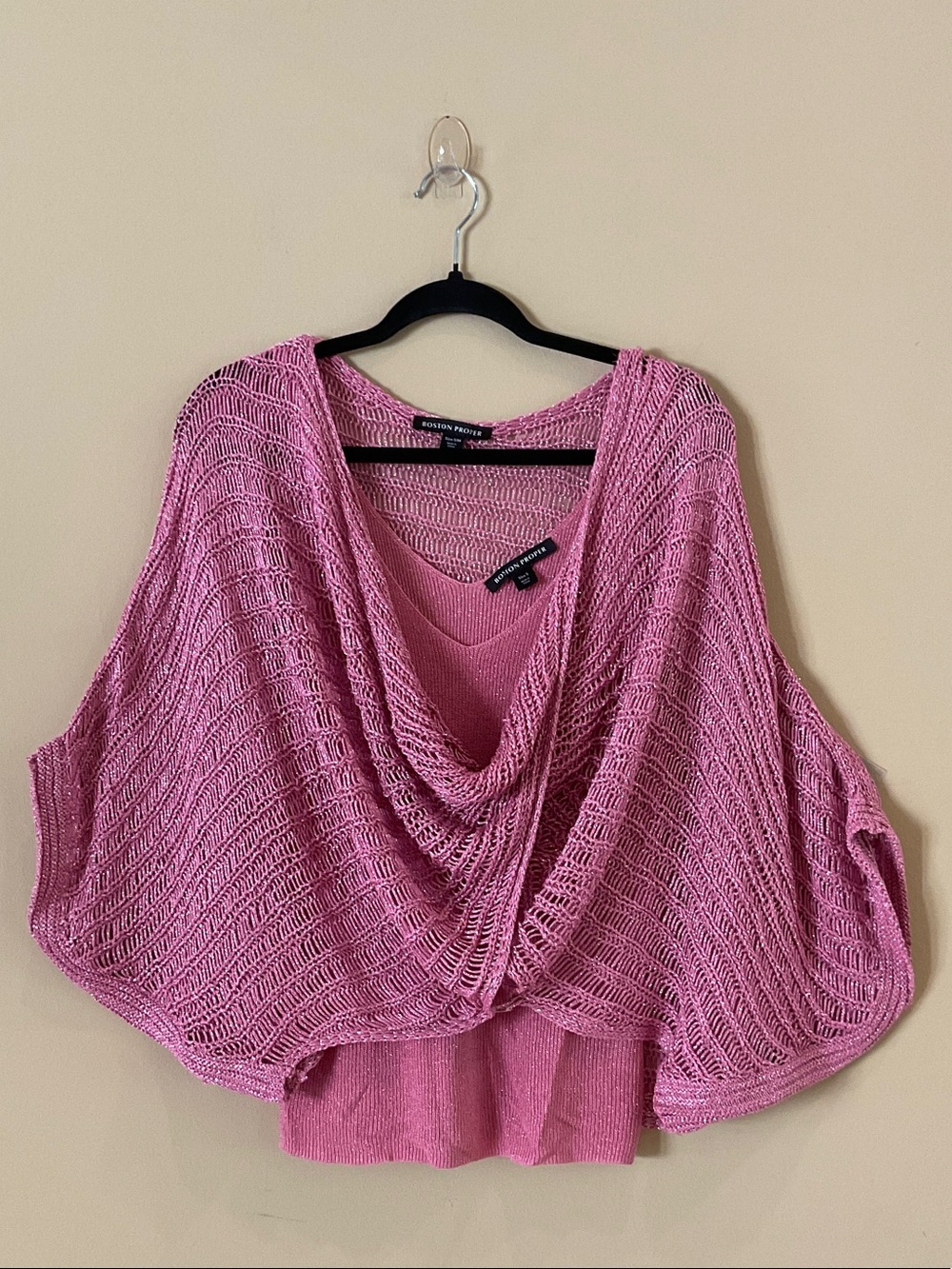 Boston Proper Metallic Pink Cowl-Neck Layered Knit Sweater Set